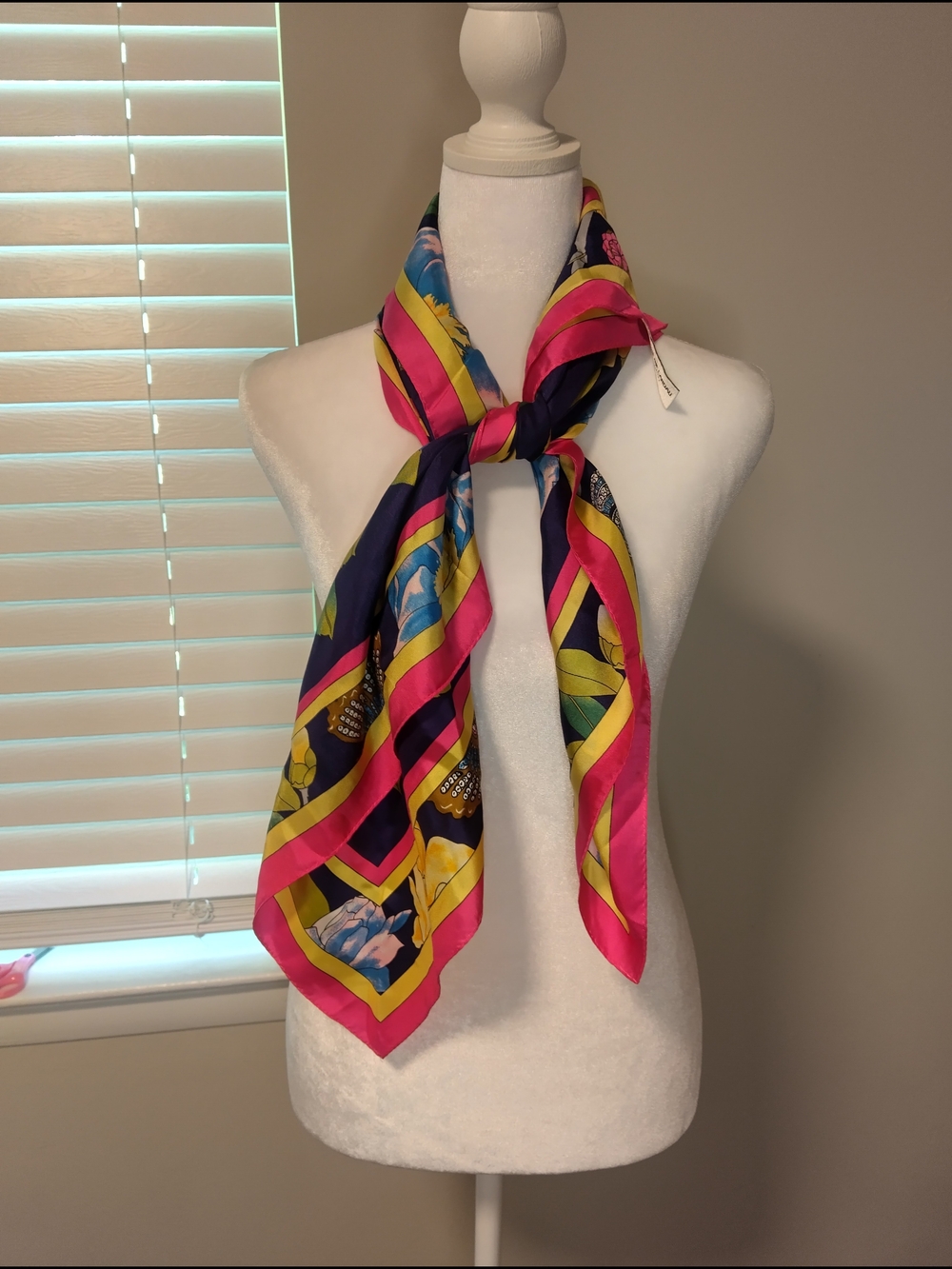 Adrienne Landau Floral Silk-Feel Scarf in Hot Pink, Navy & Yellow